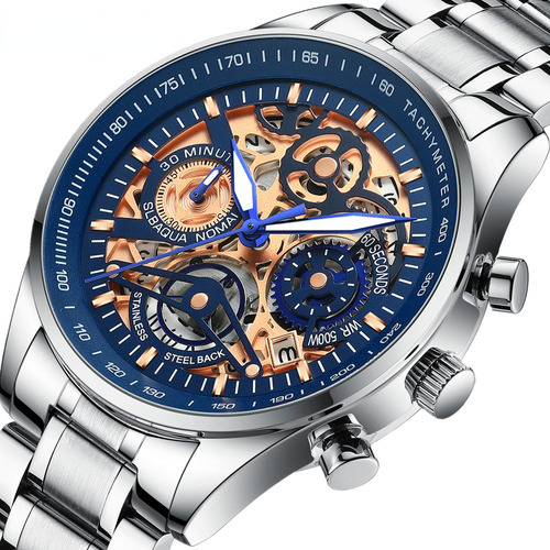 Reloj Nibosi Skeleton Luxury Hombre Impermeable Color del fondo Plateado/Azul