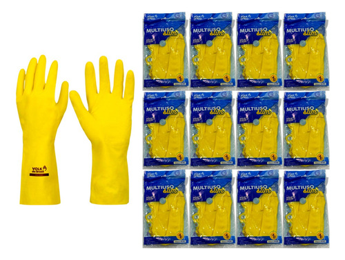 Kit 12 Prs Luva Látex Amarela Forrada Multiuso Limpeza Louça