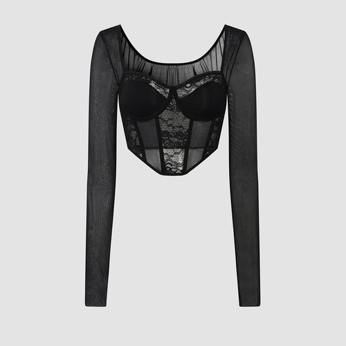 Blusa Crop Top Campesina Corset Encaje Malla Manga Larga