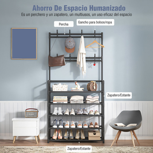 Zapatero 5 Niveles Perchero Acero Metálico Organizador 2 En 1 Armable Con 8 Ganchos Negro,estante Para Zapatos