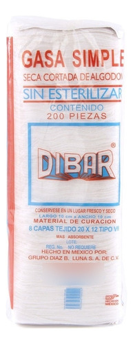 Gasa hidrófila Dibar GASA NO ESTÉRIL de 10cm x 10cm en pack de 100 x 1u