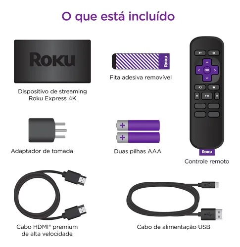 Roku Express 4K | Dispositivo de streaming HD/4K/HDR com controle remoto simples e botões de atalho. Inclui Cabo HDMI® Premium