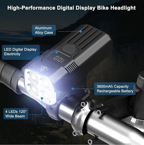 Imagen 3 de 9 de Linterna Luces Bicicleta Recargable 2000 Lúmenes 4 Led