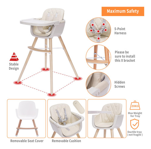 Trona Mallify, Convertible 3 En 1, De Madera Con Bandeja, Co
