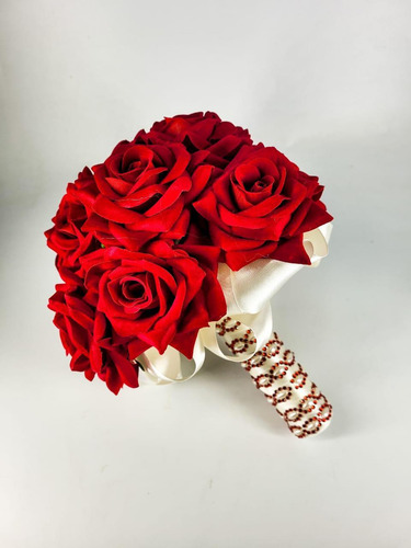 Buquê Noiva Rosas Vermelhas Cetim Creme C/brilhos Vermelhos