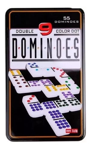 Dominó 55 Fichas Puntos De Color 9 Caja Metálica 7 Jugadores