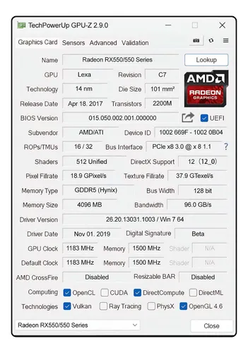 Tarjeta Gráfica Amd Radeon Rx 550 4gb, Gddr5 128 Bit Vide...
