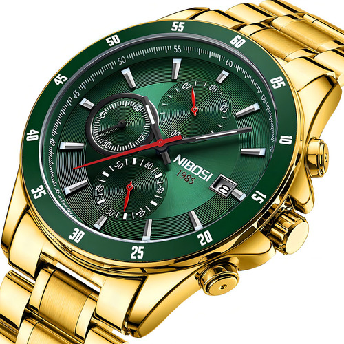 Relógios Nibosi com cronógrafo e calendário para homens, cor de fundo: verde, ouro