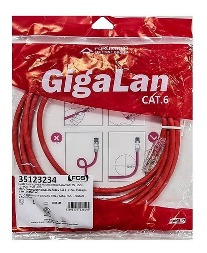 Patch Cord Cat6 2.5m Gigalan Furukawa Vermelho