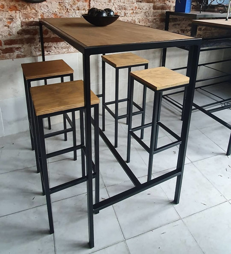 Imagen 4 de 5 de Mesa Barra Bar Hierro Madera 120x60 + 4 Taburetes Cerveza