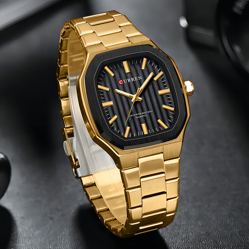 Relógios impermeáveis de aço inoxidável Curren Fashion para cor de fundo dourado/preto