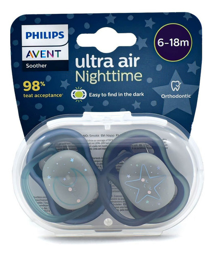 Chupón Ultra Air Night Avent 6-18m 2pz Azul Estrella Color Turquesa Período de edad 6-18 meses