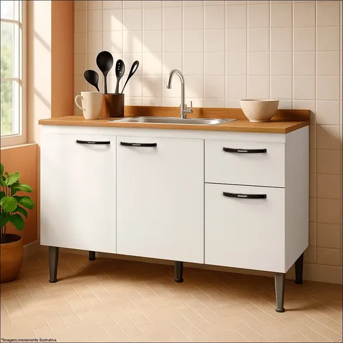 Gabinete De Pia 1,20 Balcão De Cozinha Multiuso 3 Portas Armário De Pia Armário De  Cozinha 120x80x52cm Organizador Para Pia Cor Branco Ideal Para Cozinha Compacta E Área De Serviço Porta Panela Branco