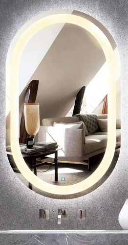Espelho Jateado Oval Iluminado Com Led Touch Screen 100x50cm Moldura Branco Quente 3000k