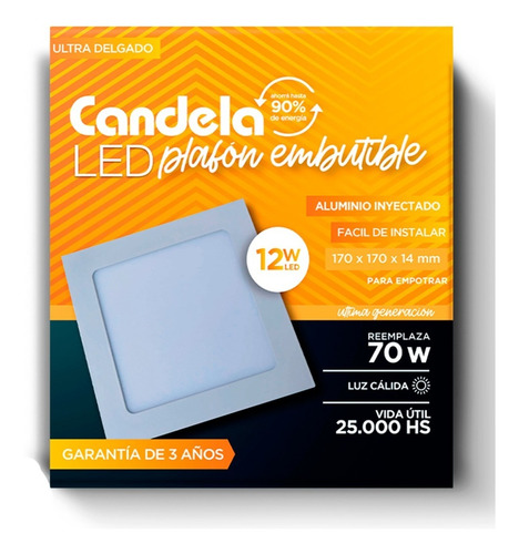 Plafón Led Candela Cuadrado Embutir 12w Reemplaza 70w