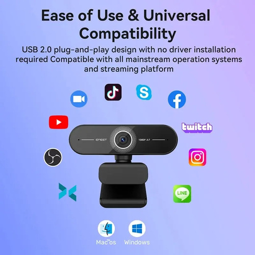Webcam Emeet C60e 2k Streaming Autofoco Canc. Ruido 2microfo Cor Preto