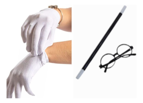 Combo Magia Guantes Blancos Varita Magica Anteojos Disfraz