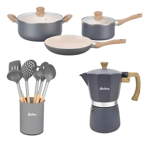 Bateria De Ollas Set X 6 Utensilios Cafetera 6 Tzas Gris 