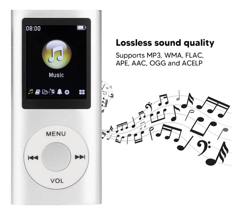 Reproductor MP3 portátil, delgado y sin pérdida de sonido, con auriculares, pantalla LCD de 1,8 pulgadas, reproductor de música digital, tarjeta de memoria no incluida (plateado)