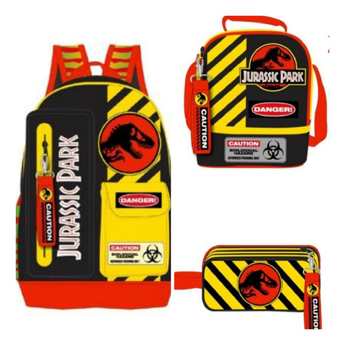 Kit  Mochila Escolar Niño Lonchera Y Lapicera Colorera Jurassic Park Ruz Original Primaria Bts