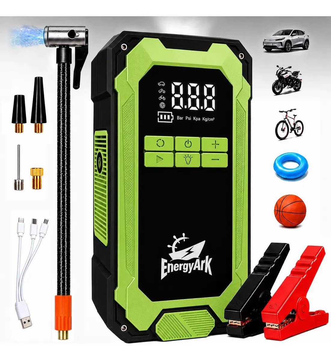 Arrancador y Compresor de BaterĂa PortĂĄtil Energyark con Inflador para Auto, Moto y Bicicleta