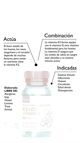 Natier Vitamina K2 + D3 Huesos Y Dientes X 50 Capsulas Sabor Neutro
