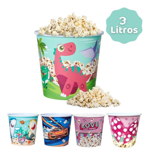 Balde De Pipoca Infantil Decorado 3 Litros Usual Utilidades Cor Verde Dino