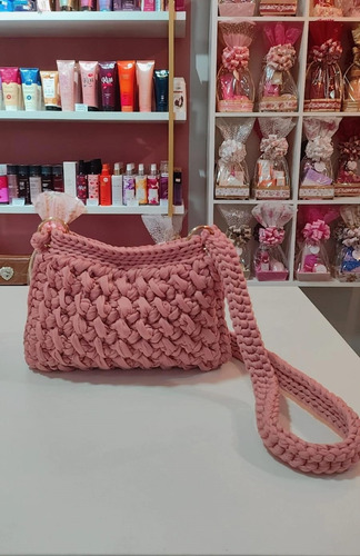 Bolsa De Crochê Com Alça De Crochê Feita A Mão Rosa-claro Lisa Ouro Rosa-claro