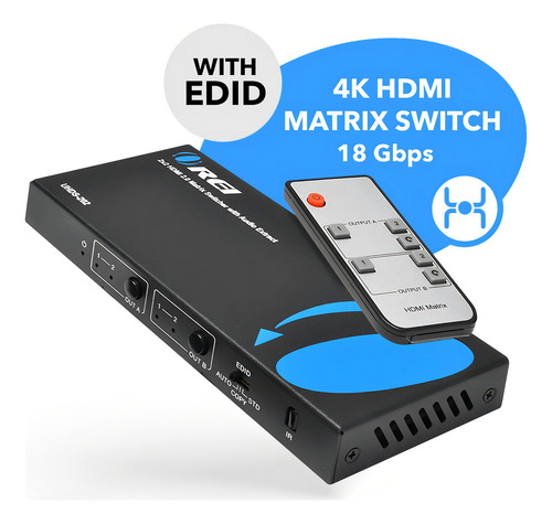 Matriz Conmutadora 2x2 Hdmi Orei 4k, 18g Ultrahd Soporta Hasta 4k @ 60hz Y 1080p Ir Edid Hdcp 2.0 (2 Entradas - 2 Salidas) Incluye Control Remoto
