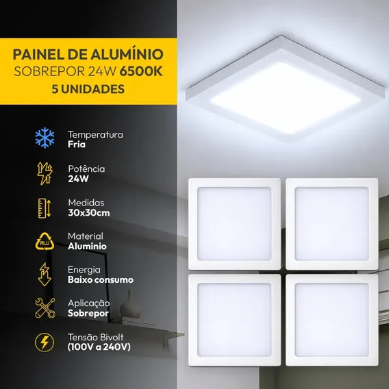 Kit 5 Painel Led Plafon Aluminio Sobrepor 24w 6500K Branco Frio 29x29cm Quadrado Cod: ALUT002010-5 Alut By Avant