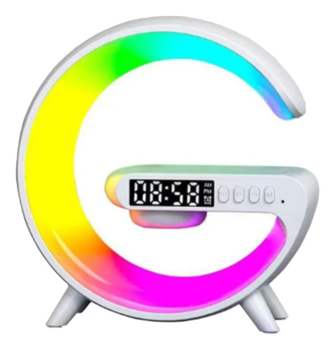 LUMINÁRIA G LED Caixa Som Speaker Bluetooth - Carregador de celular por indução - Relógio Branco