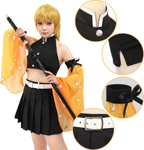 C-zofek Zenitsu Cosplay Top Falda Plisada Mangas Desmontable