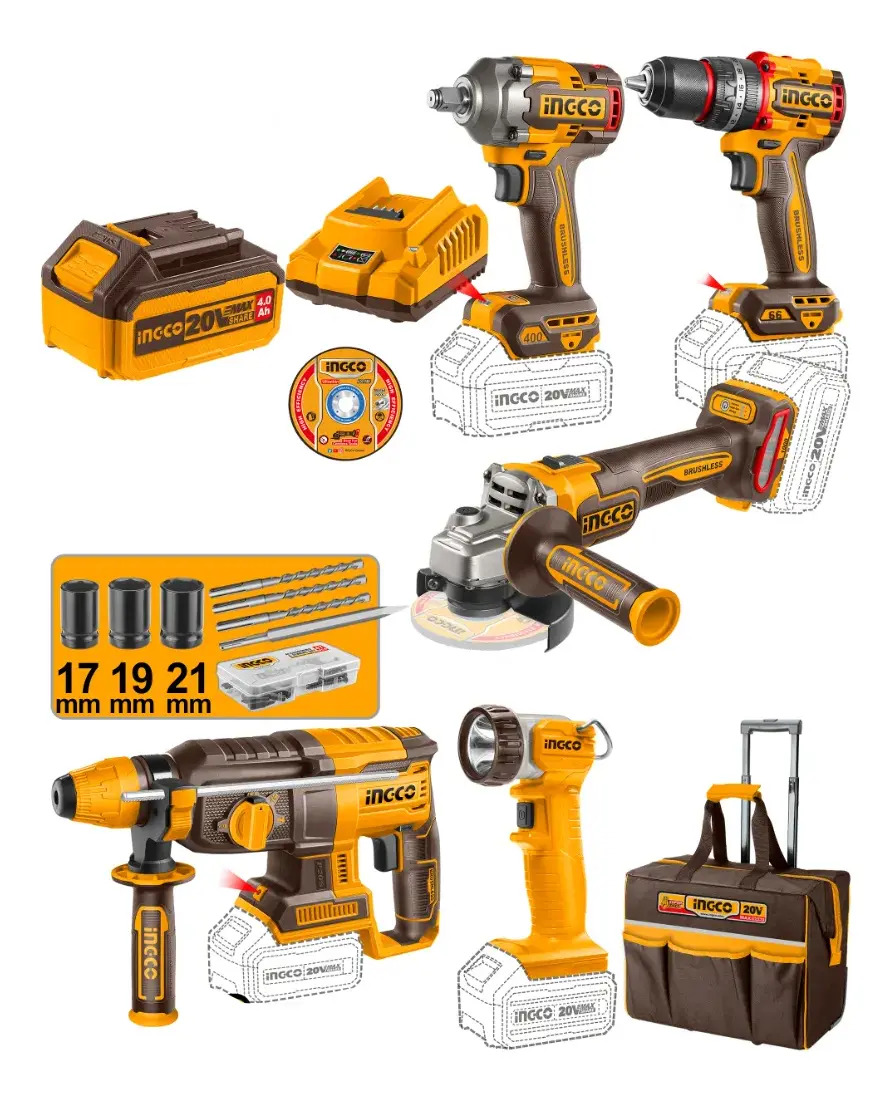 Super Combo 5 em 1 Ferramentas Ingco Bateria 20V Brushless