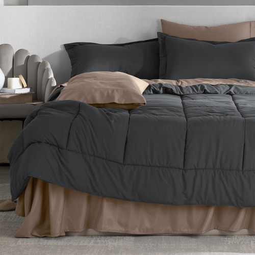 Set Edredón Queen Size + Fundas + Sábanas 7 Pzas Real Textil Grafito-café Claro