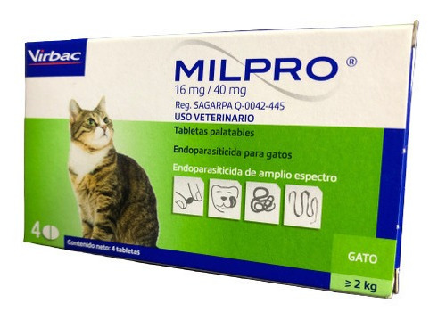 Desparasitante Interno Para Gato Virbac Milpro 16mg (4 Comp)