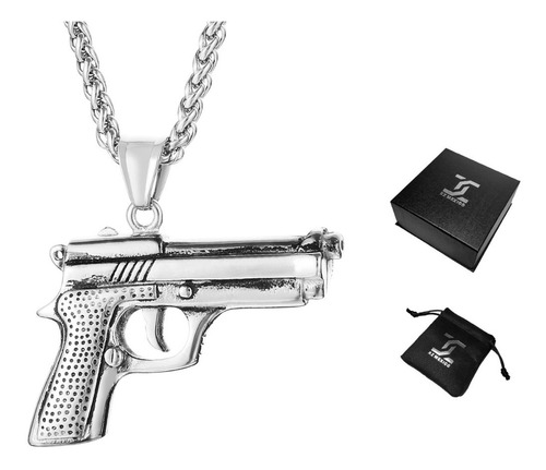 Cadena C/ Dije Pistola Craneo Calavera Hombre Acero Inox 