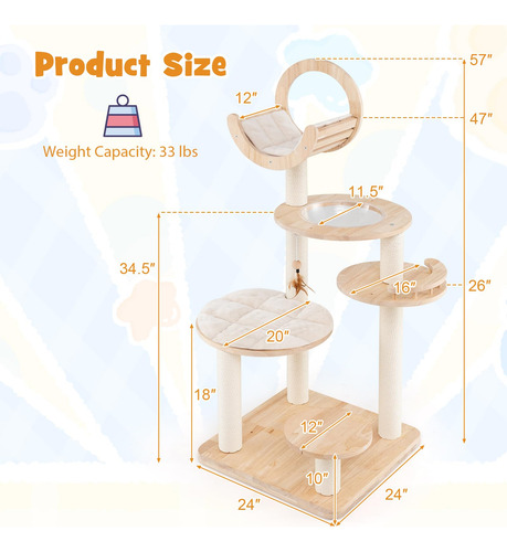 Árbol Para Gatos De Madera Maciza 4 En 1 Con Rascador