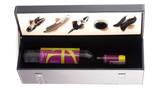Caja Porta Botella De Vino Delux Con 5 Accesorios 