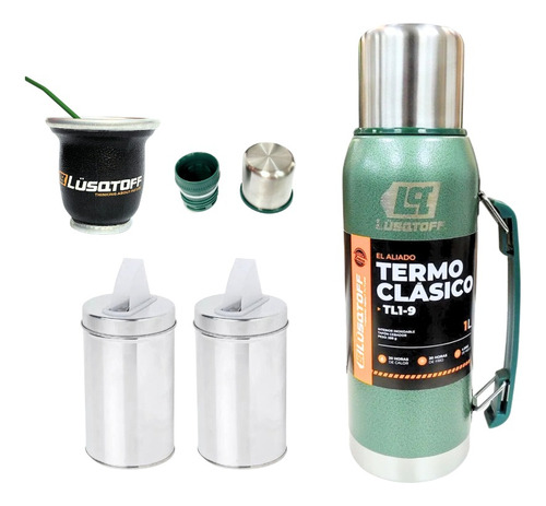 Termo Acero Inoxidable Verde 1l  + Mate + Yerberas Lusqtoff