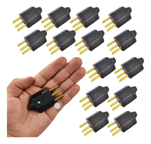 Kit 15 Plugues Macho Pino 10a 2p+t Para Extensão Preto