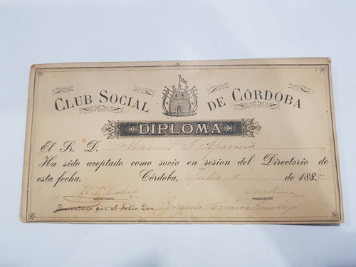 Antiguo Diploma 1885 Club Social De Córdoba Mag 58940