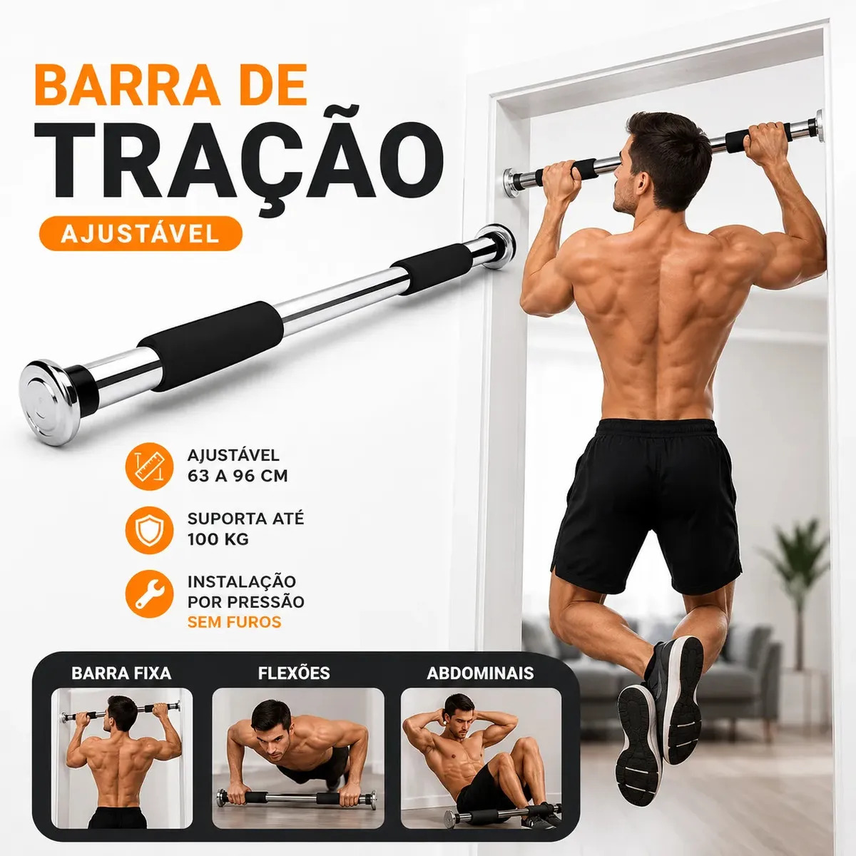 Barra Fixa De Porta Ajustável Crossfit Academia Em Casa Musculação Pull Up Até 100kg 63-96cm Prateado Circus