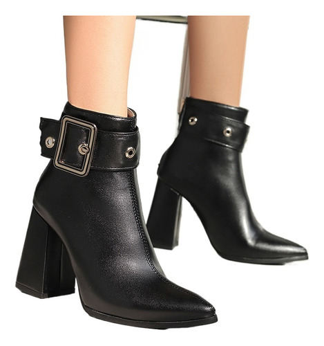 Botines De Mujer De Punta Puntiaguda Con Cremallera Hebilla
