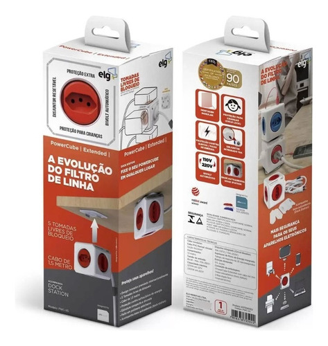 Adaptador Tomadas Power Cube 5 Tomadas 1.5m Bivolt Vermelho