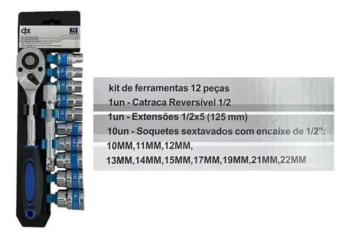 Kit 12 Chaves De Catraca Soquete Sextavado 1/2 Com 12 Peças