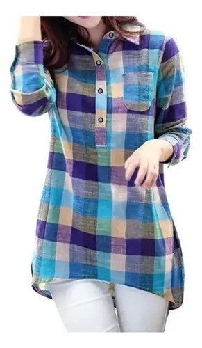 Nova Blusa Feminina Com Botão Color Block E Camisa Xadrez