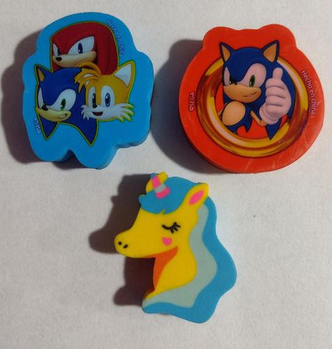 Lote De 3 Gomas Infantiles Unicornio Sonic Y Knucles