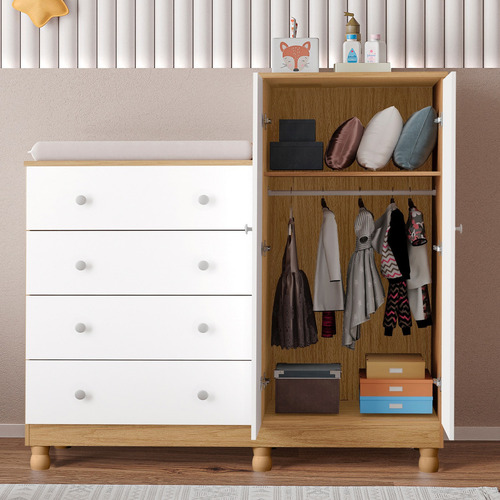 Cômoda Guarda Roupa Bebê Madeira Branca C/ Colchão Trocador Cor Madeira - Branco