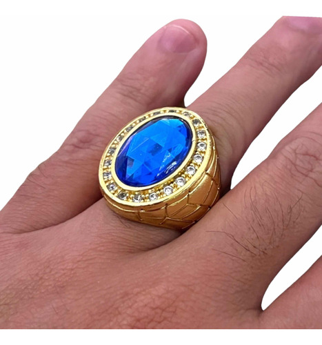 Anel Imperador Cravejado Zirconia Azul Banhado A Ouro