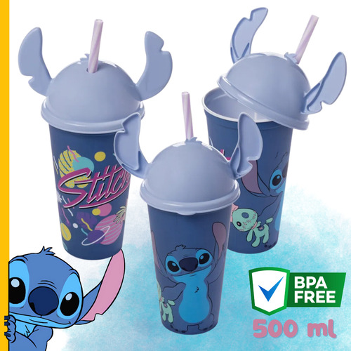 Copo Stitch Com Tampa E Canudo 500ml Bpa Free